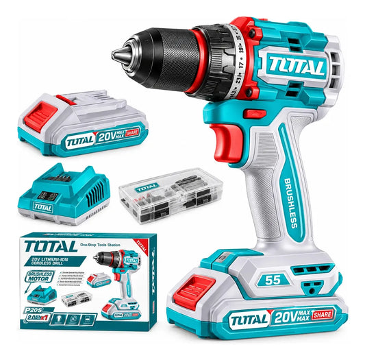 TALADRO ATORNILLADOR TOTAL 20V 55 Nm 1/2" BRUSHLESS + BATERÍA + CARGADOR + ACCESORIOS