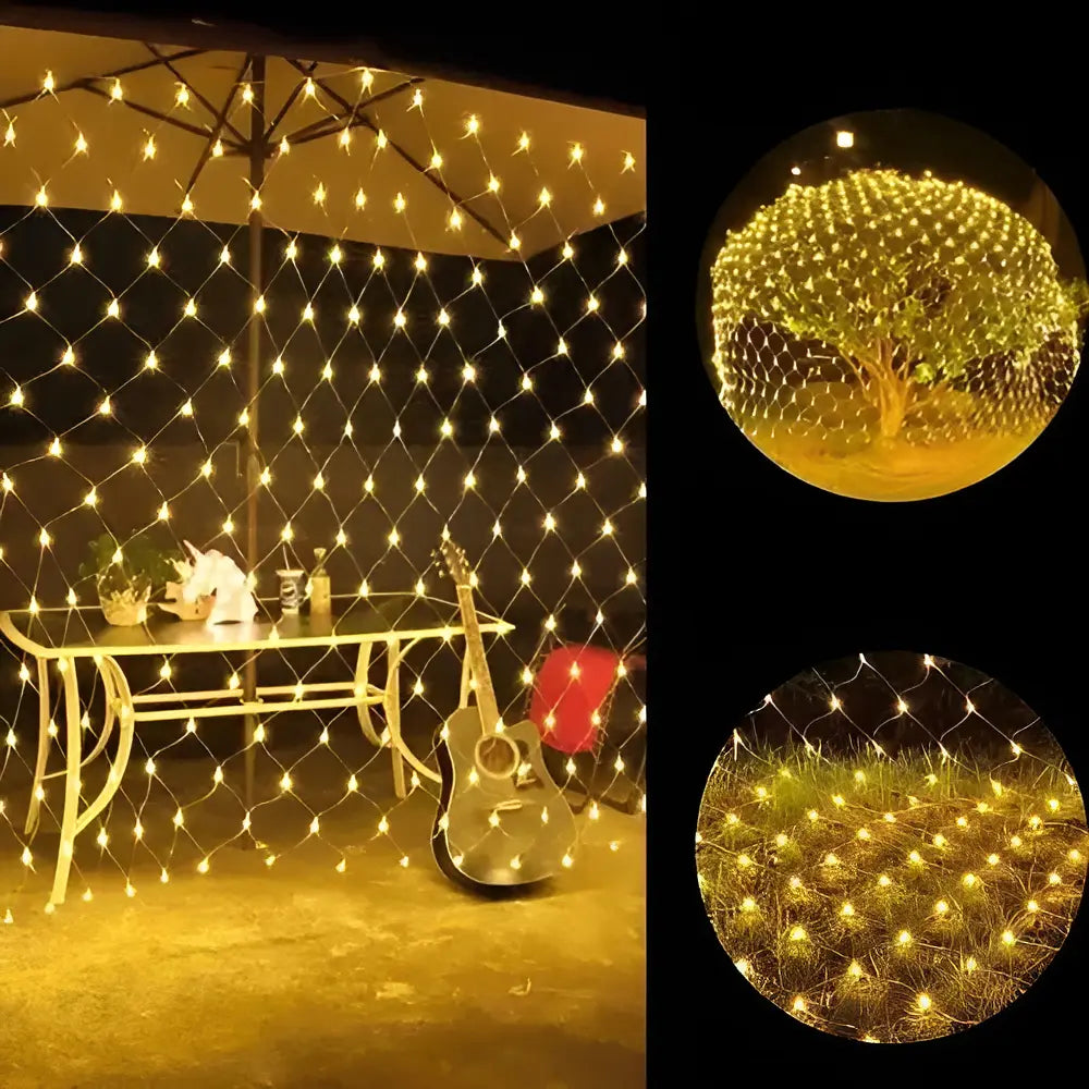 MALLA SOLAR LED LUZ CÁLIDA 3X2 METROS - RED DECORATIVA IMPERMEABLE CON ENCENDIDO AUTOMÁTICO