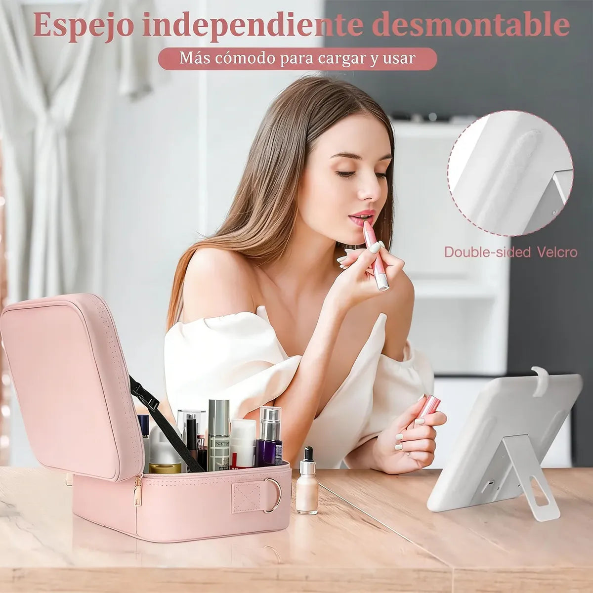 MALETA ORGANIZADORA DE MAQUILLAJE PORTÁTIL CON ESPEJO LED - ROSADO ELEGANTE