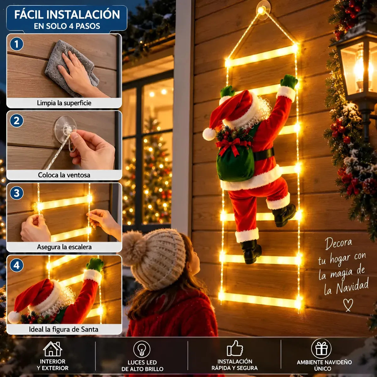 VIEJO PASCUERO ESCALADOR SOLAR + ESCALERA 160CM + LUCES LED NAVIDAD ROJO