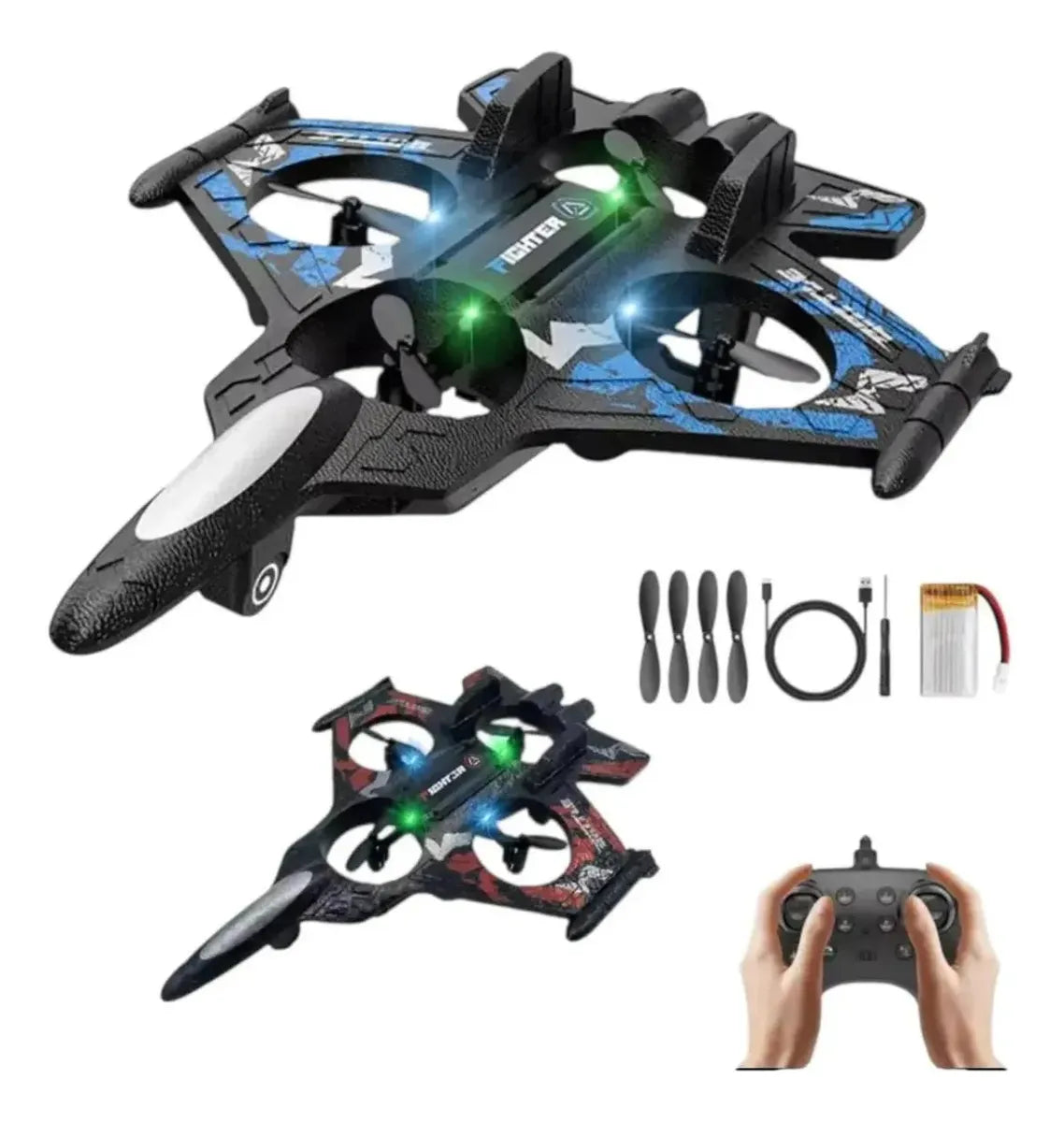 JUGUETE DRONE AVIÓN FIGHTER RC 4 HÉLICES CON LUCES LED Y CONTROL REMOTO