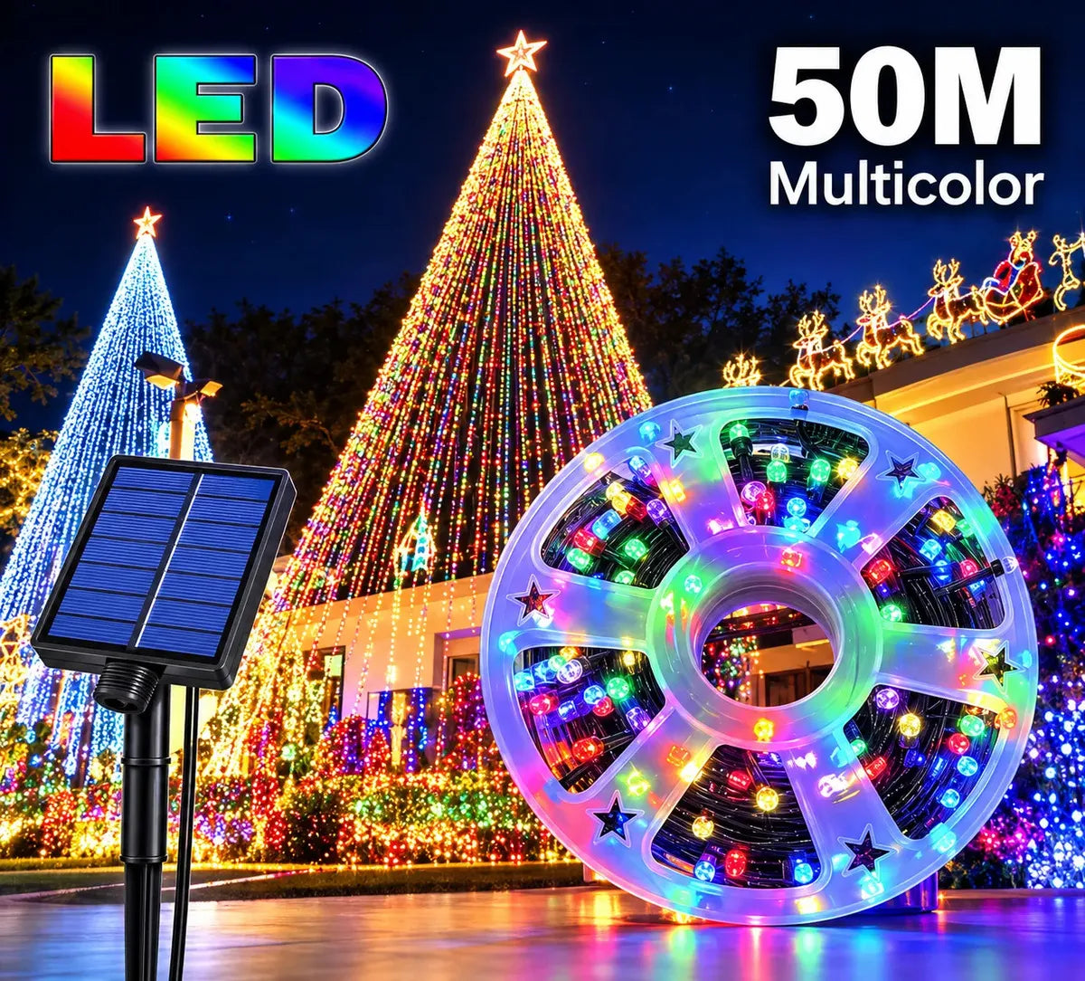 ROLLO DE LUCES LED SOLARES MULTICOLOR 50 METROS - 300 LED PARA EXTERIOR E INTERIOR