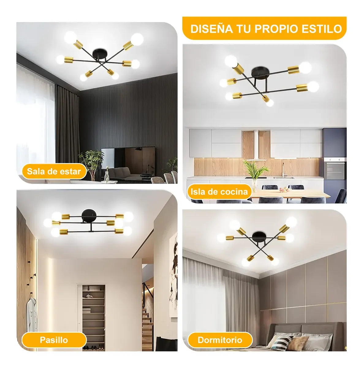 LÁMPARA DE TECHO MODERNA 6 LUCES E27 NEGRO Y DORADO
