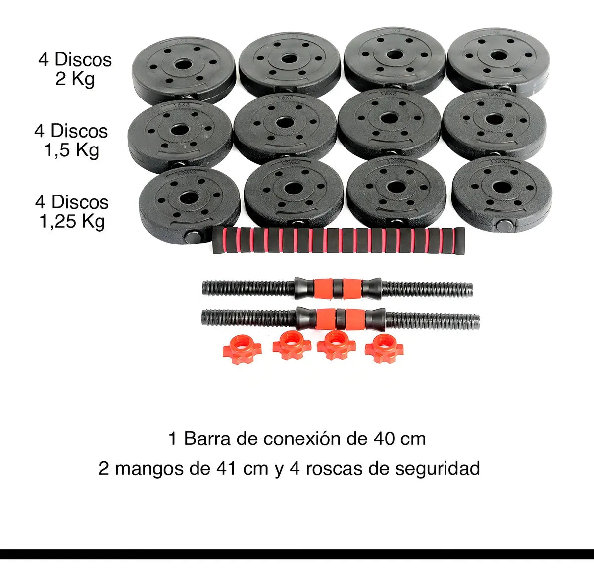 SET MANCUERNAS AJUSTABLES 20KG BARRA EXTENSIBLE DISCOS NEGROS FITNESS