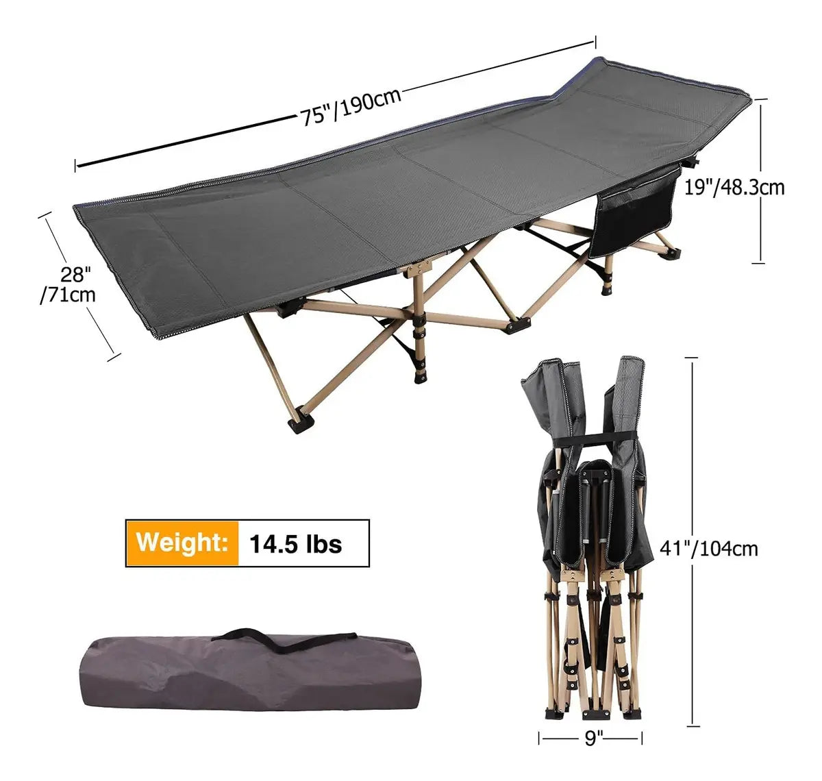 CATRE CAMA CAMPING PLEGABLE PORTÁTIL SEANITE GRIS OSCURO