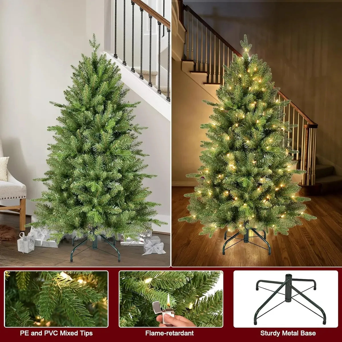 ÁRBOL DE NAVIDAD 1.80 METROS CON LUCES LED INCORPORADAS Y BASE METÁLICA