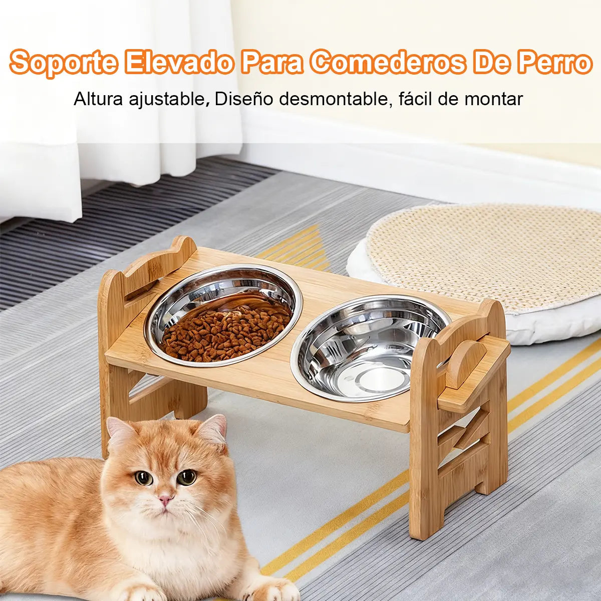 COMEDERO ELEVADO AJUSTABLE PARA MASCOTAS CON 2 PLATOS DE ACERO INOXIDABLE