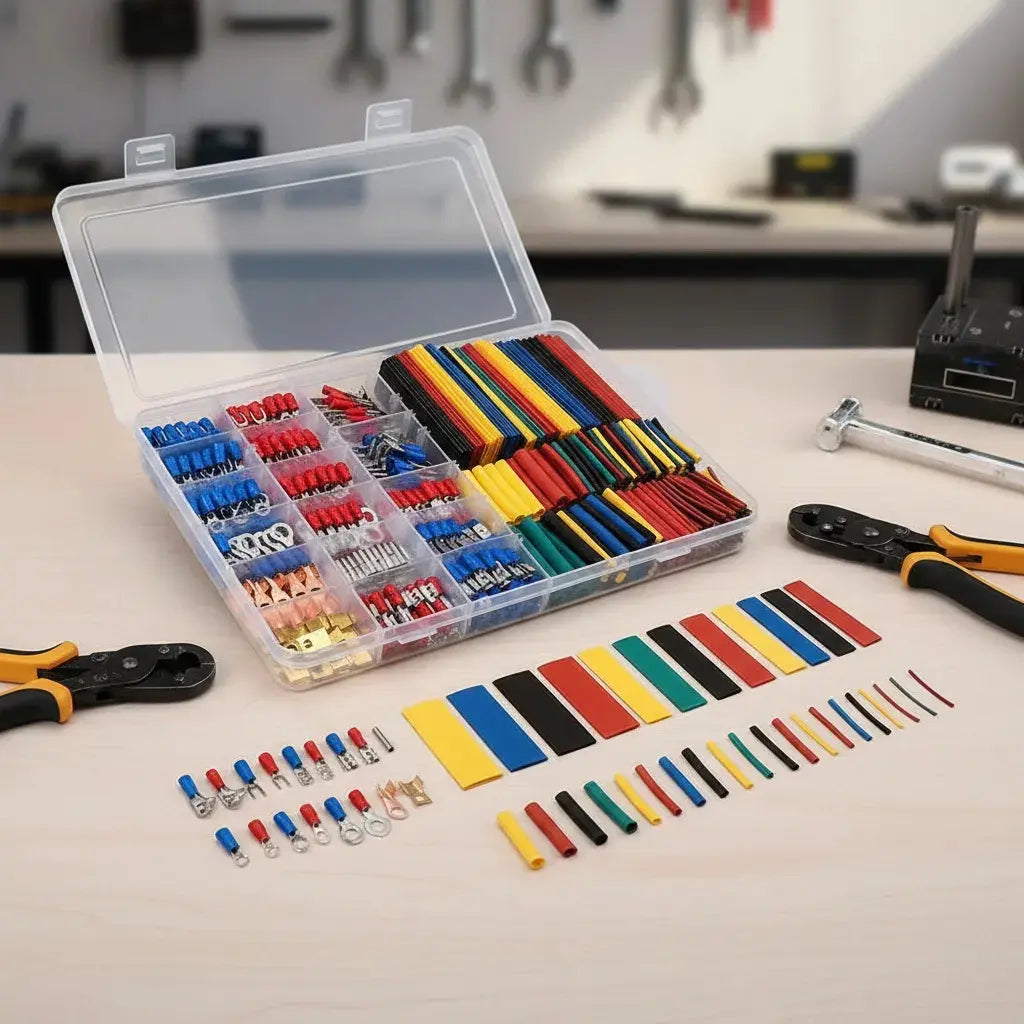 KIT 678 PCS TUBOS TERMOCONTRAÍBLES Y TERMINALES ELÉCTRICOS MULTICOLOR CON CAJA ORGANIZADORA