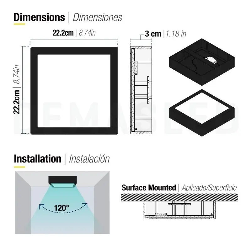 FOCO LED NEGRO 18W PLAFÓN CUADRADO SOBREPUESTO 22X22 CM LUZ FRÍA 220V