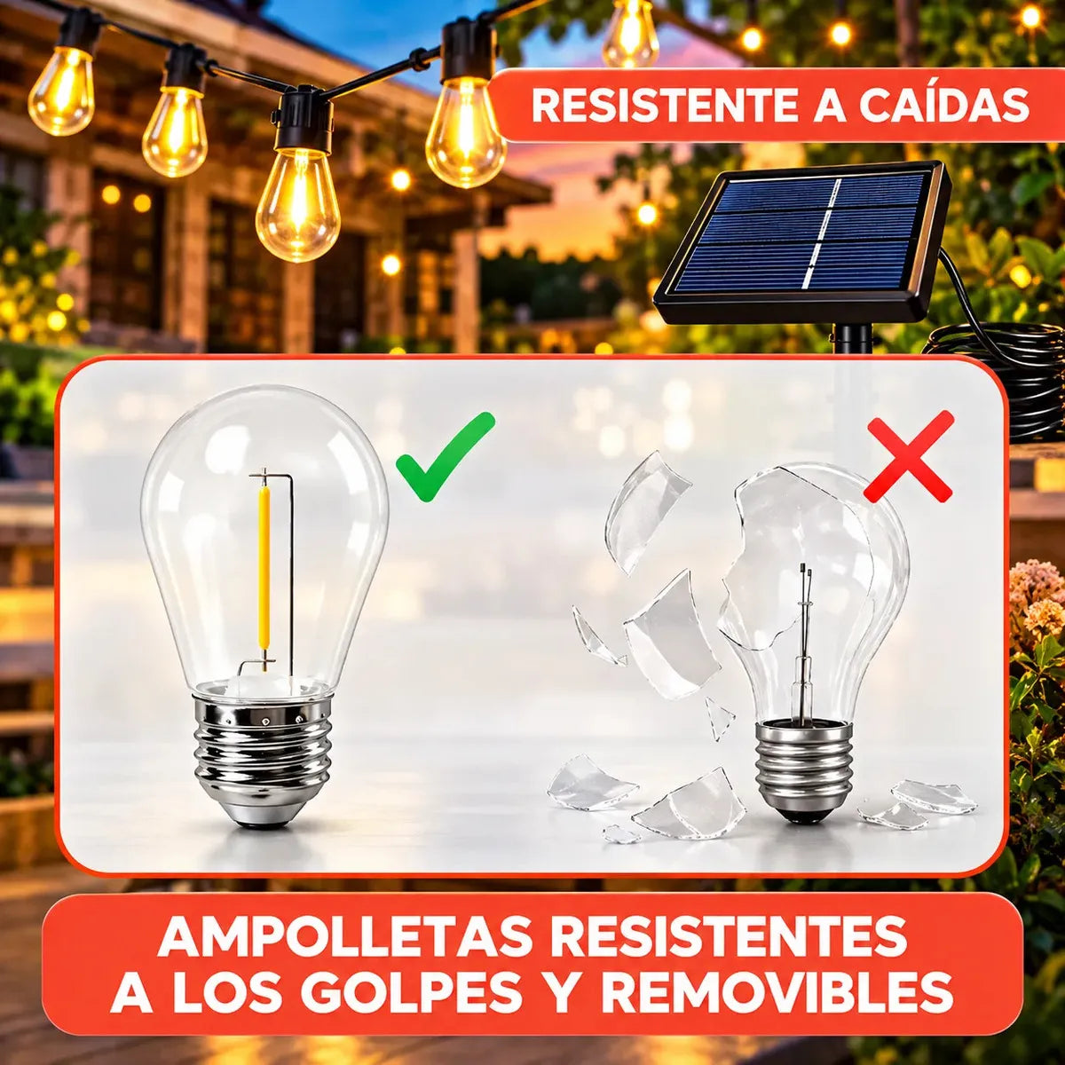 LUCES FUIRNALDA SOLAR LED 10 METROS CON 10 AMPOLLETAS VINTAGE LUZ CÁLIDA PARA EXTERIOR