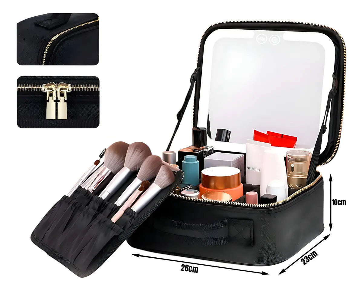 MALETA ORGANIZADORA DE MAQUILLAJE PORTÁTIL CON ESPEJO LED - COLOR NEGRO