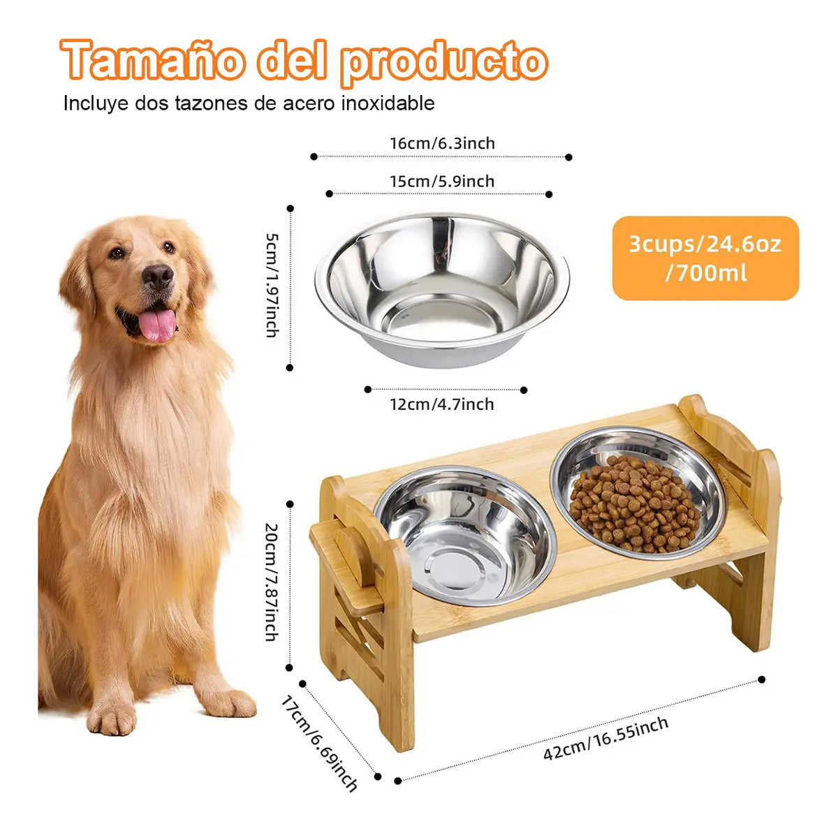 COMEDERO ELEVADO AJUSTABLE PARA MASCOTAS CON 2 PLATOS DE ACERO INOXIDABLE
