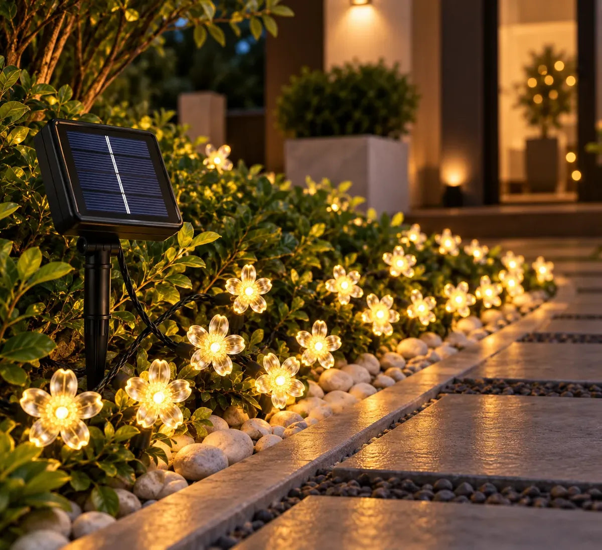 GUIRNALDA SOLAR DE FLORES LED LUZ CÁLIDA 30 LUCES PARA JARDÍN Y EXTERIOR