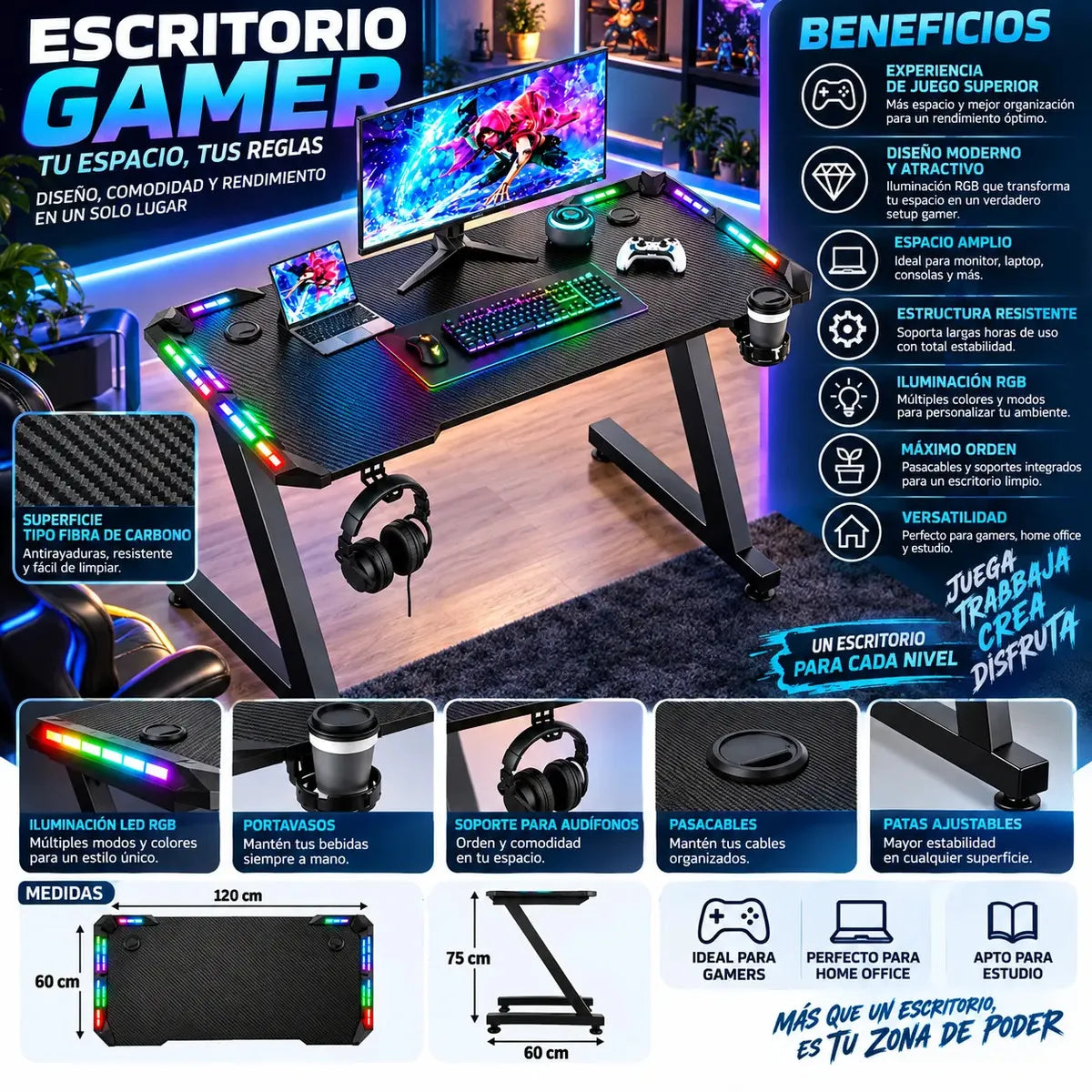ESCRITORIO GAMER 120 CM CON ILUMINACIÓN LED RGB
