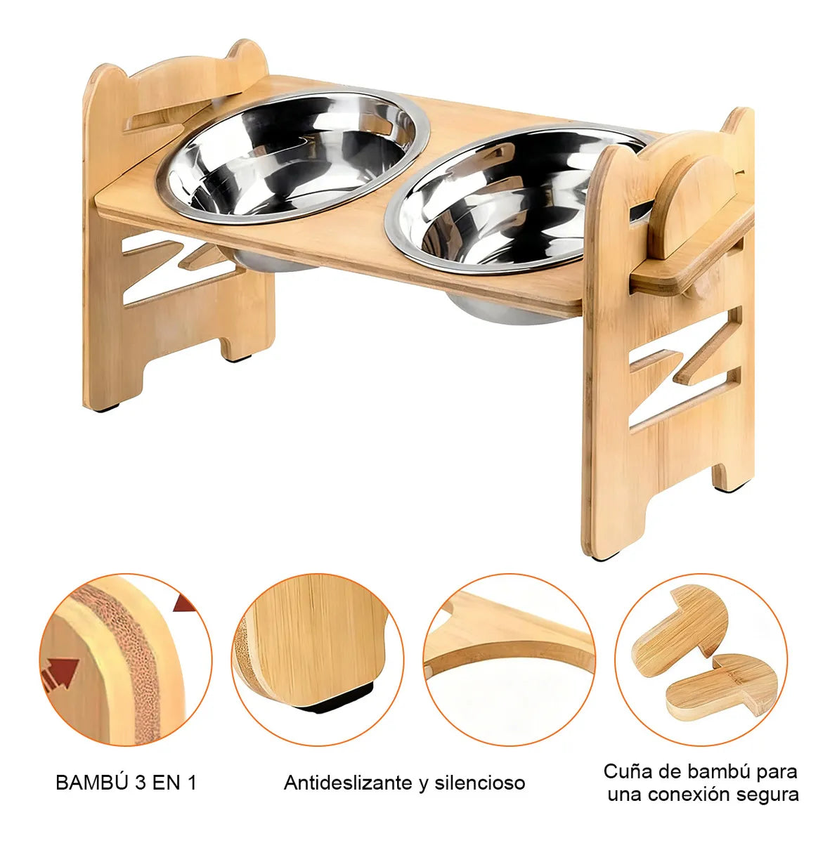 COMEDERO ELEVADO AJUSTABLE PARA MASCOTAS CON 2 PLATOS DE ACERO INOXIDABLE