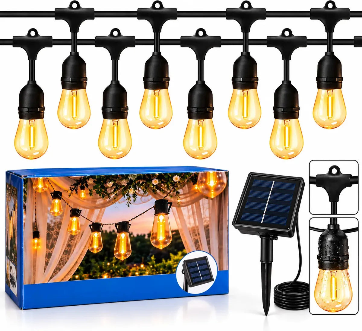 LUCES FUIRNALDA SOLAR LED 10 METROS CON 10 AMPOLLETAS VINTAGE LUZ CÁLIDA PARA EXTERIOR