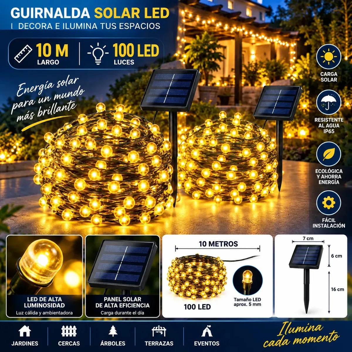 PACK X2 GUIRNALDAS SOLARES NAVIDAD 100 LED 10 METROS - LUZ AMARILLA