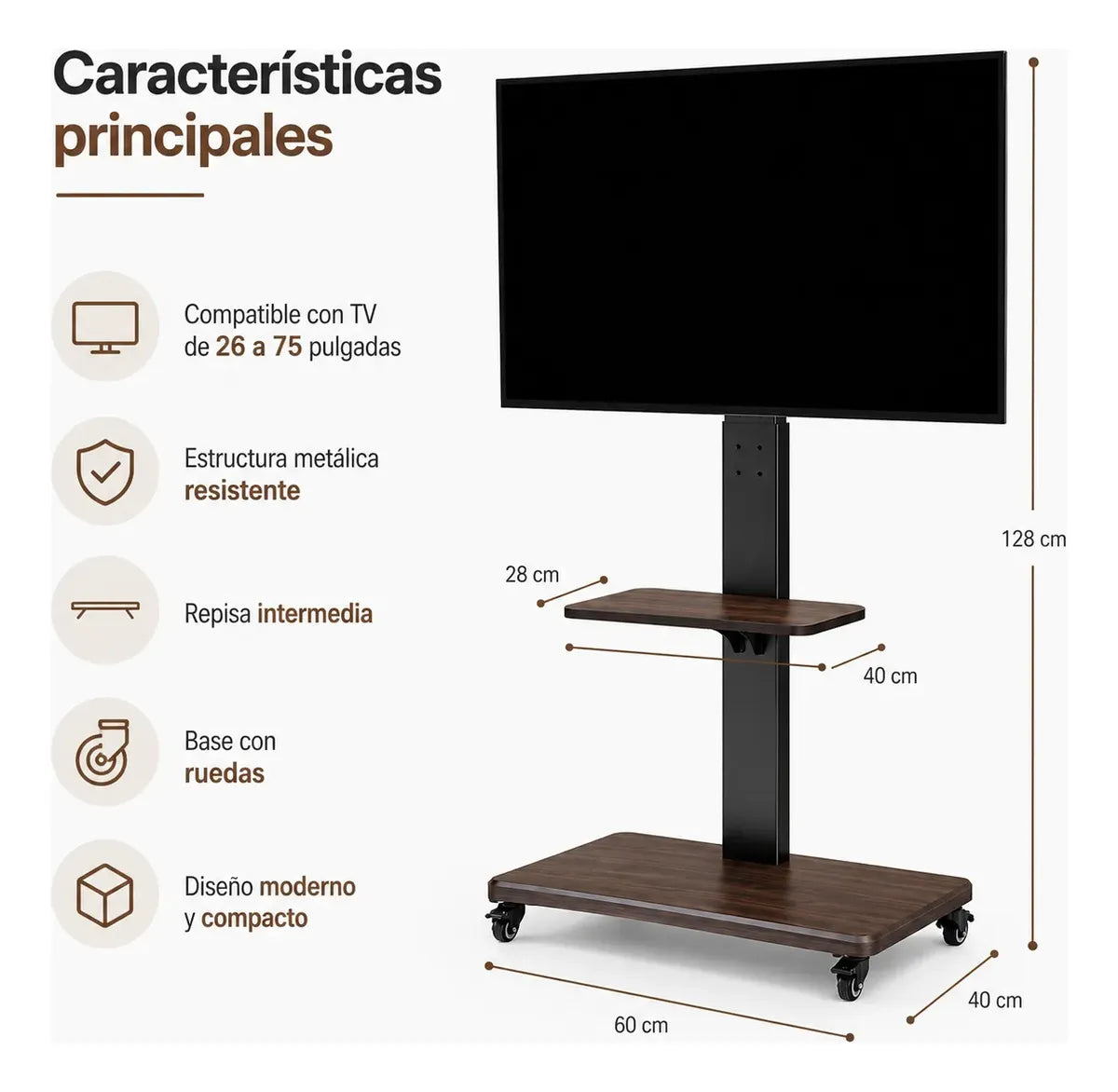SOPORTE TV PEDESTAL CON RUEDAS UNIVERSAL 26 A 75 PULGADAS