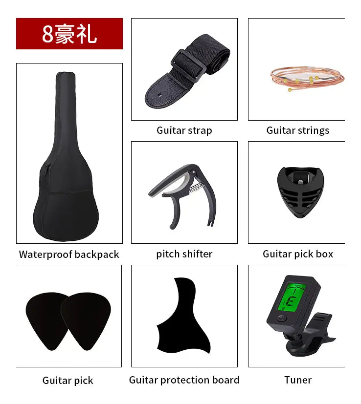 GUITARRA ACÚSTICA NEGRA 38" + KIT COMPLETO (8 ACCESORIOS)