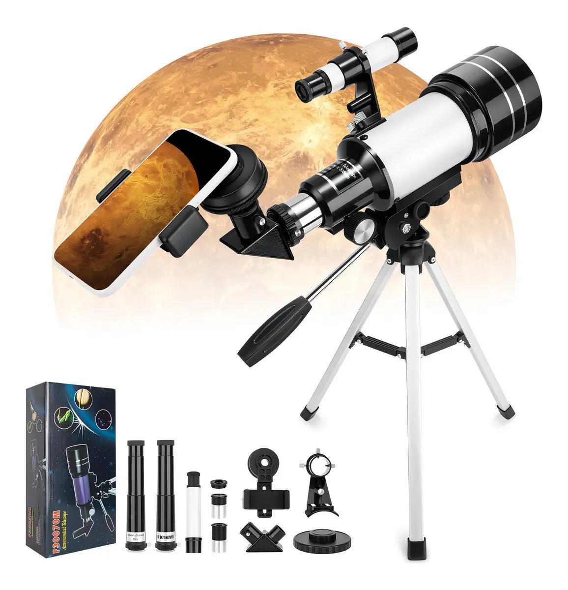TELESCOPIO ASTRONÓMICO 70/300 MM 150X CON TRÍPODE Y SOPORTE PARA CELULAR