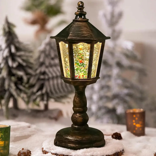 FAROL NAVIDEÑO LED MULTICOLOR CON ÁRBOL DE NAVIDAD, LUZ Y EFECTO NIEVE - 22CM