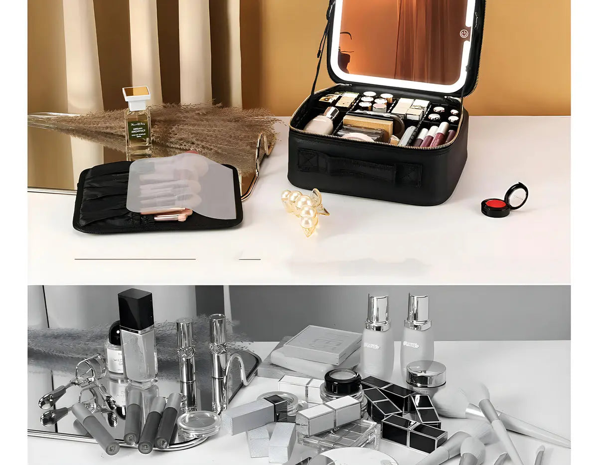 MALETA ORGANIZADORA DE MAQUILLAJE PORTÁTIL CON ESPEJO LED - COLOR NEGRO