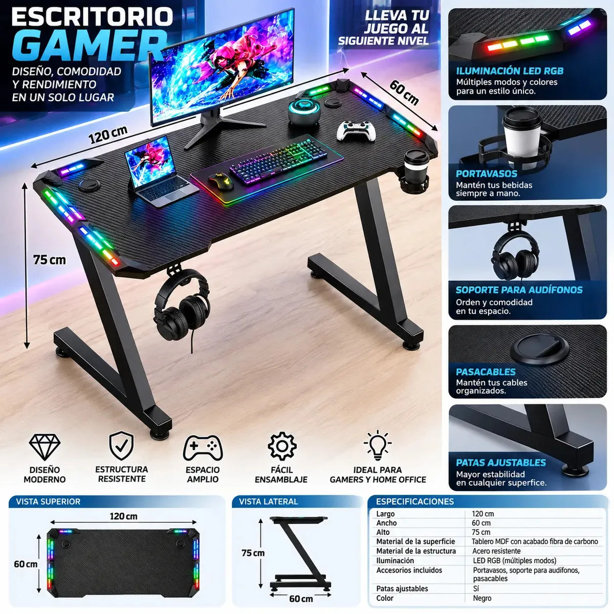 ESCRITORIO GAMER 120 CM CON ILUMINACIÓN LED RGB