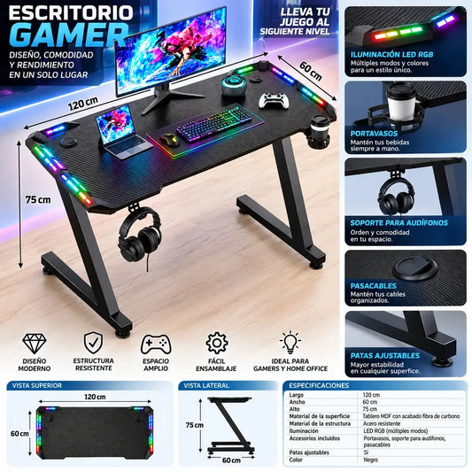 ESCRITORIO GAMER 120 CM CON ILUMINACIÓN LED RGB