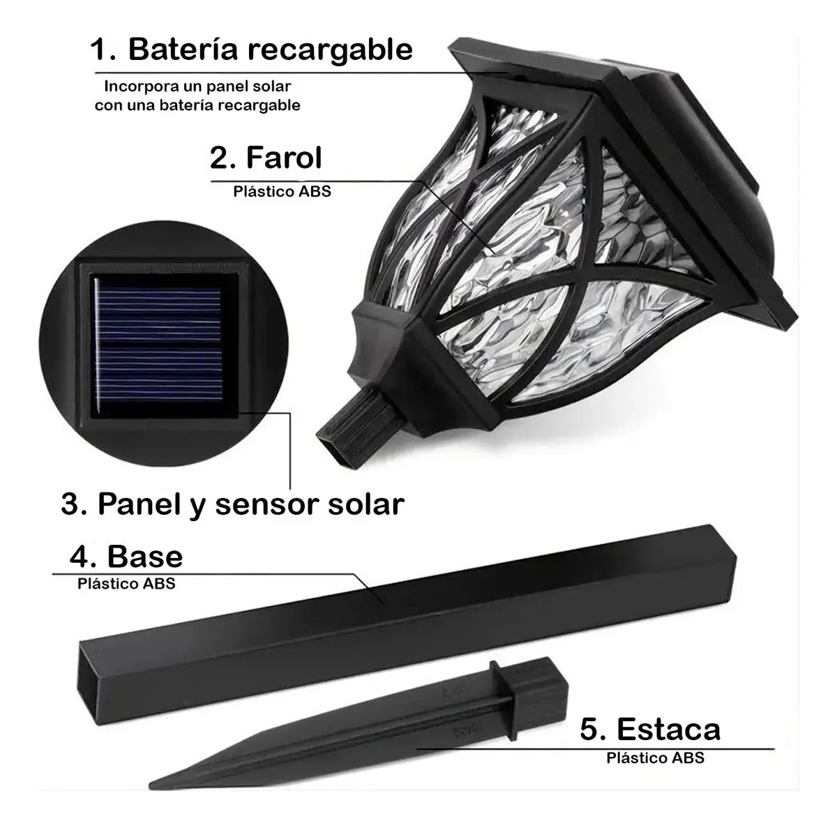PACK 6 LUCES SOLARES PARA JARDÍN CON ESTACA - ESTILO INGLÉS NEGRO