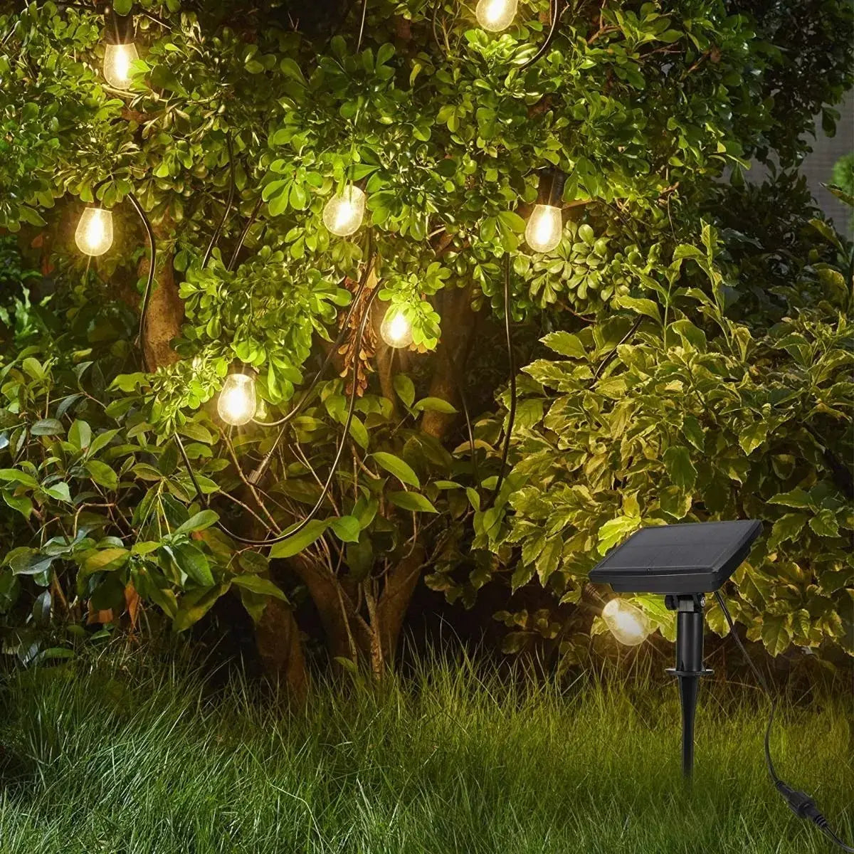 GUIRNALDA SOLAR LED 5 METROS LUZ AMARILLA + 10 AMPOLLETAS 8 MODOS - CABLE NEGRO IP65