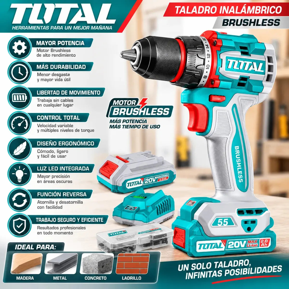 TALADRO ATORNILLADOR TOTAL 20V 55 Nm 1/2" BRUSHLESS + BATERÍA + CARGADOR + ACCESORIOS