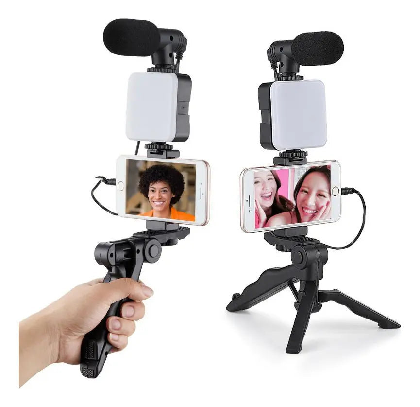 KIT VIDEO MAKER PROFESIONAL 3 EN 1 PARA CELULAR -LUZ LED + MICRÓFONO + TRÍPODE