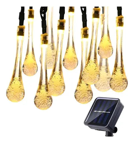 GUIRNALDA SOLAR LED 30 GOTAS LUZ CÁLIDA AMARILLA 6,5 METROS IP65 PARA EXTERIOR