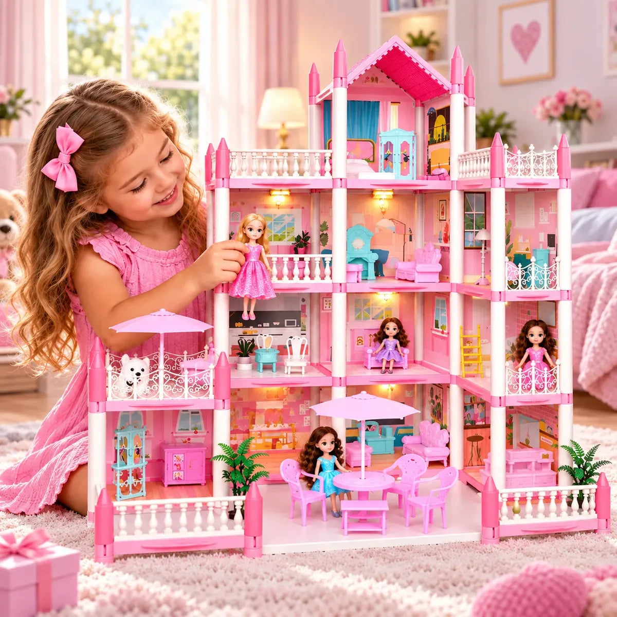 CASA DE MUÑECAS INFANTIL 60X53X52 CM CON MUEBLES- ROSADO