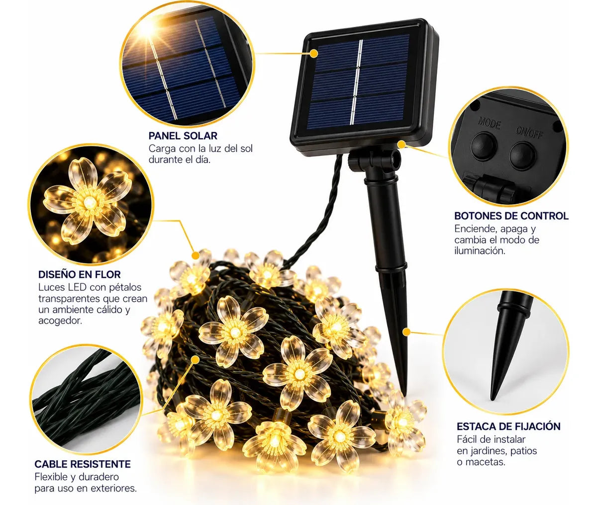 GUIRNALDA SOLAR DE FLORES LED LUZ CÁLIDA 30 LUCES PARA JARDÍN Y EXTERIOR