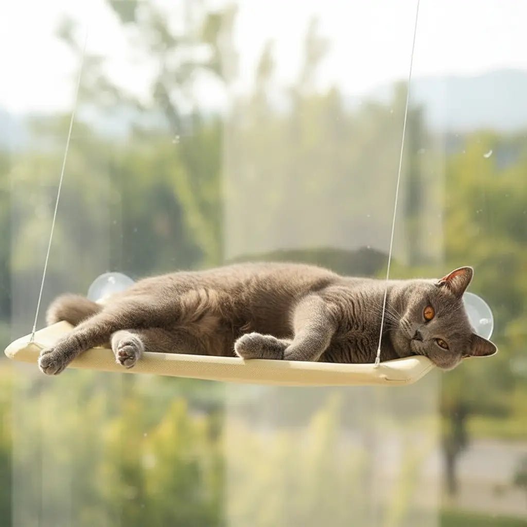 HAMACA COLGANTE PARA GATOS VENTANA BEIGE PREMIUM
