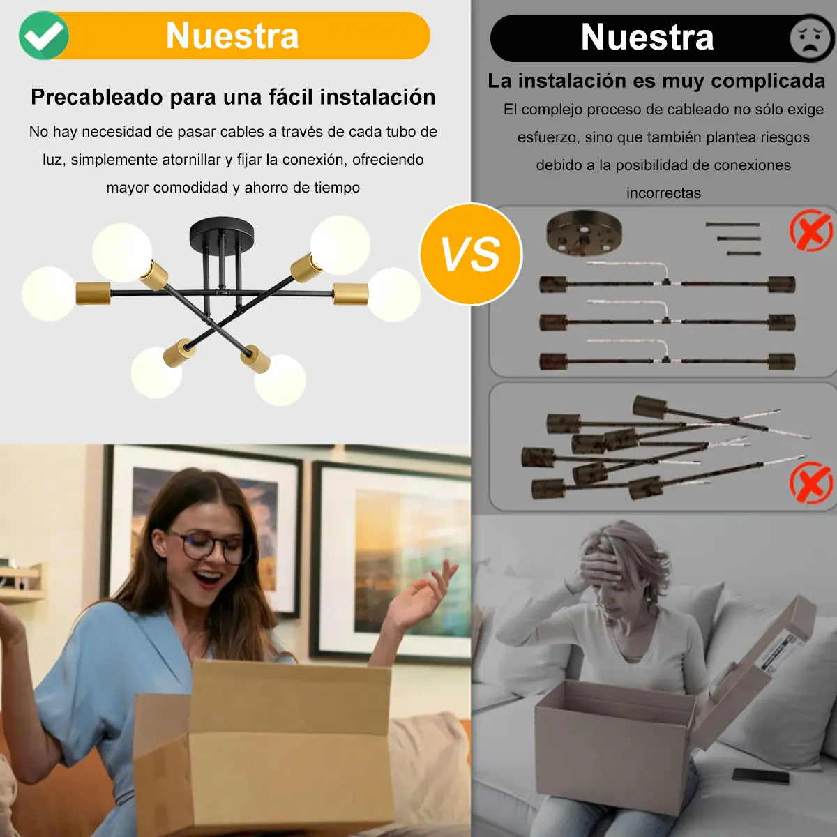 LÁMPARA DE TECHO MODERNA 6 LUCES E27 NEGRO Y DORADO