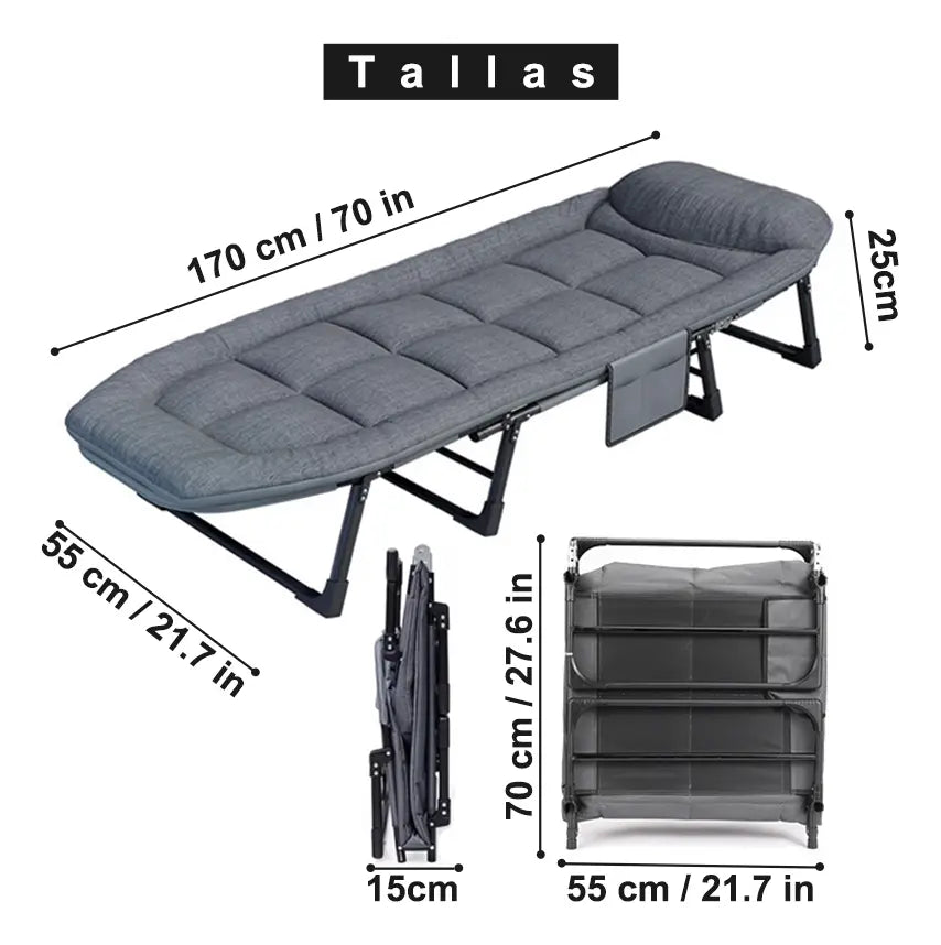 CAMA CATRE OUTDOOR PLEGABLE ACOLCHADO GRIS PORTÁTIL Y RESISTENTE