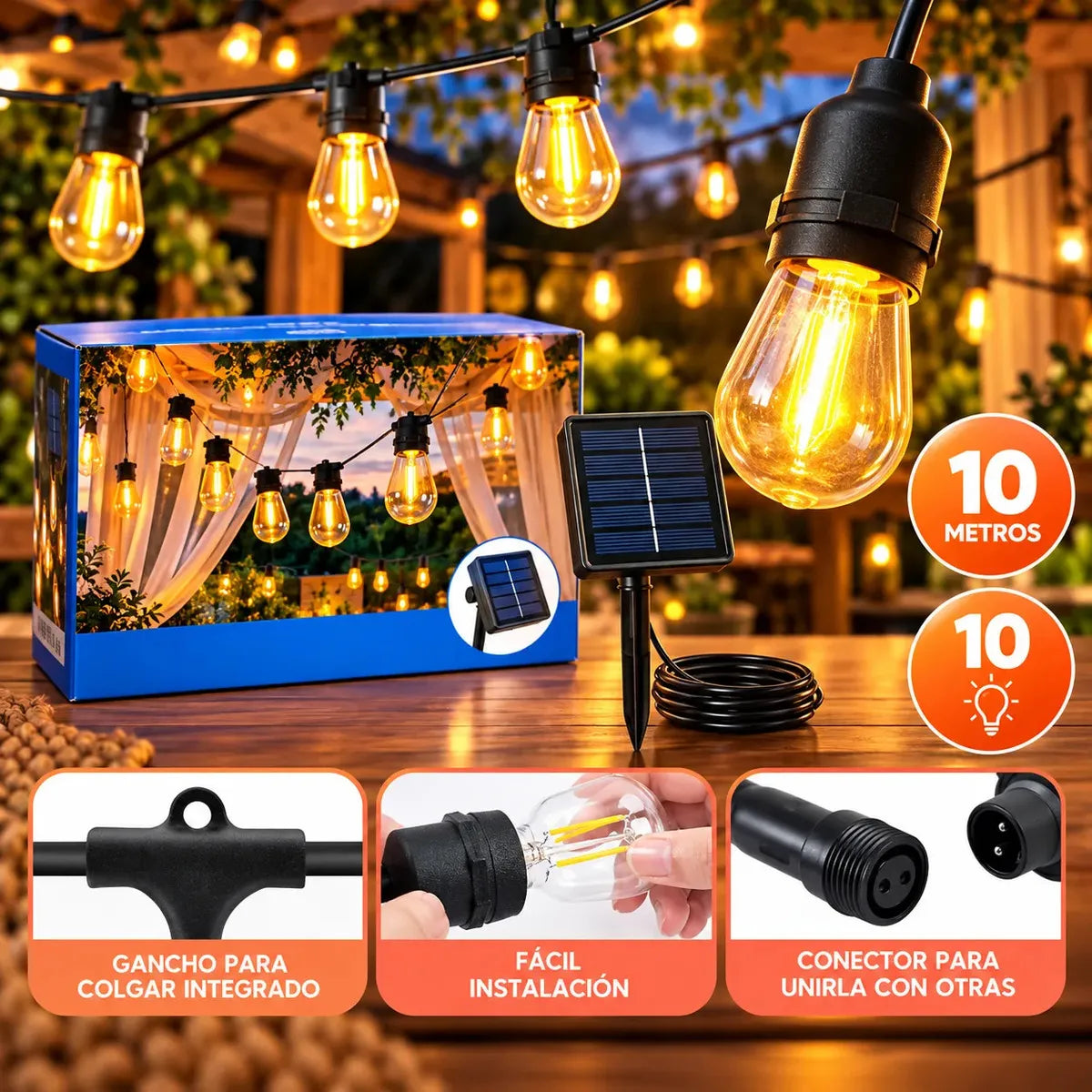 LUCES FUIRNALDA SOLAR LED 10 METROS CON 10 AMPOLLETAS VINTAGE LUZ CÁLIDA PARA EXTERIOR