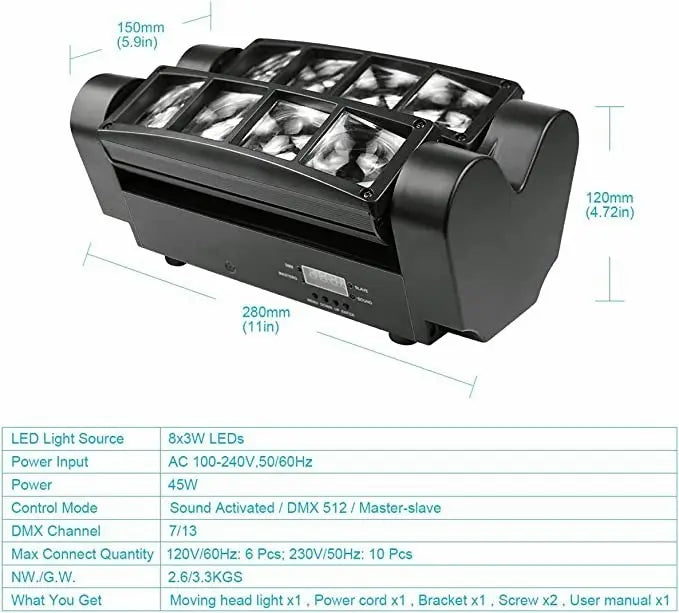 CABEZA MÓVIL LED SPIDER BEAM RGBW DMX 8X3W - LUZ DISCO PROFESIONAL