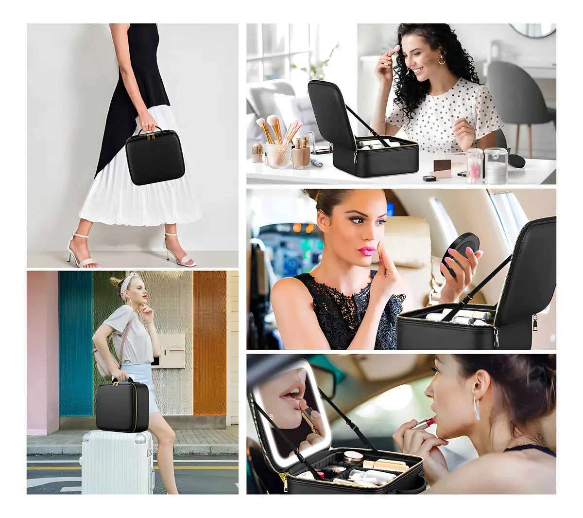 MALETA ORGANIZADORA DE MAQUILLAJE PORTÁTIL CON ESPEJO LED - COLOR NEGRO