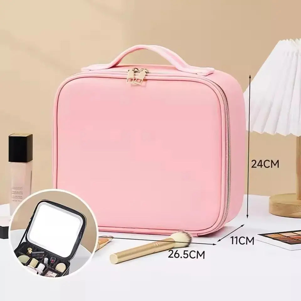 MALETA ORGANIZADORA DE MAQUILLAJE PORTÁTIL CON ESPEJO LED - ROSADO ELEGANTE