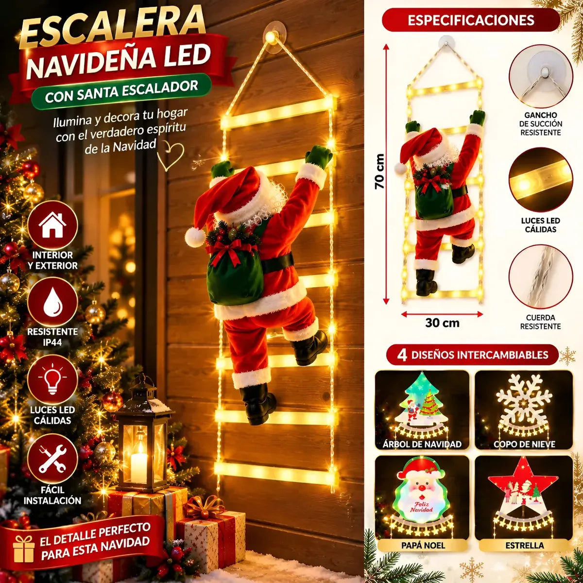VIEJO PASCUERO ESCALADOR SOLAR + ESCALERA 160CM + LUCES LED NAVIDAD ROJO