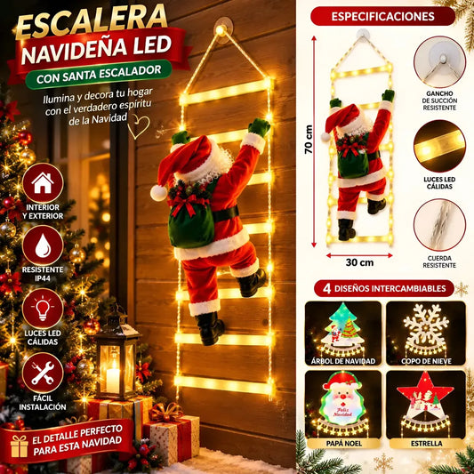 VIEJO PASCUERO ESCALADOR SOLAR + ESCALERA 160CM + LUCES LED NAVIDAD ROJO