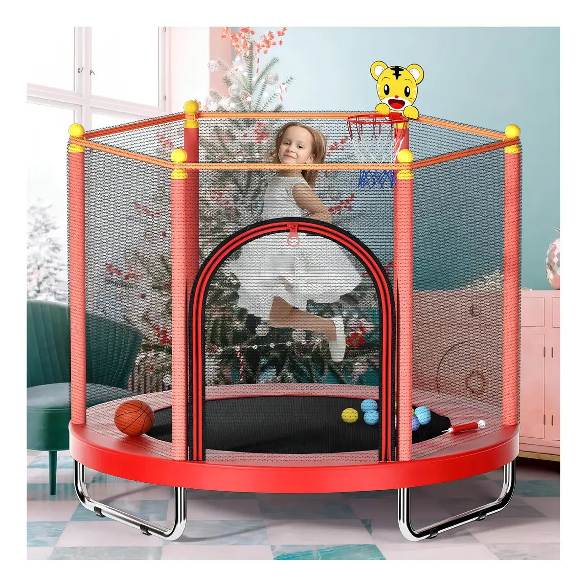 CAMA ELÁSTICA SALTARINA INFANTIL 150CM CON BARRA Y JUGUETES- COLOR ROJO
