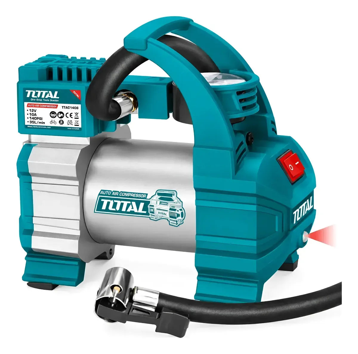 COMPRESOR DE AIRE PORTÁTIL TOTAL 12V 10A PARA AUTO + MANGUERA + ADAPTADORES