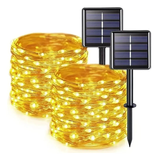 PACK X2 LUCES HADA GUIRNALDA SOLAR LED 20M 400 LUCES CÁLIDAS IP65 -AMARILLO