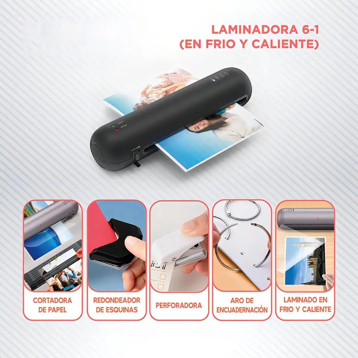 TERMOLAMINADORA 6 EN 1 COLOR NEGRA + ACCESORIOS + 100 LÁMINAS A4