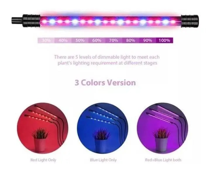 LÁMPARA LED PARA CULTIVO INTERIOR 3 TUBOS 27W LUZ VIOLETA FLEXIBLE USB