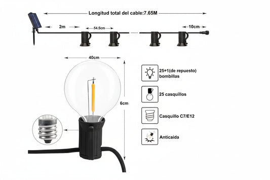 GUIRNALDA SOLAR DE LUCES LED EXTERIOR 25 BOMBILLAS 7,65 M CON CONTROL REMOTO